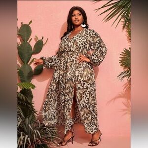 SHEIN Brown Leopard & Butterfly Print Slit Maxi Dress Size 2XL